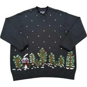 CST Sport Womens 4X Winter Scene Embroidered Sweater Black Snowman Trees Holiday